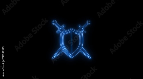 Glowing blue neon shield and crossed swords emblem on black background digital animation medieval fantasy gaming symbol