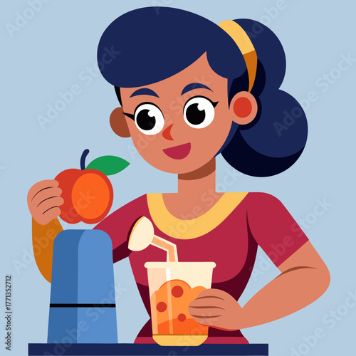 Woman making fresh juice with a blender in illustration