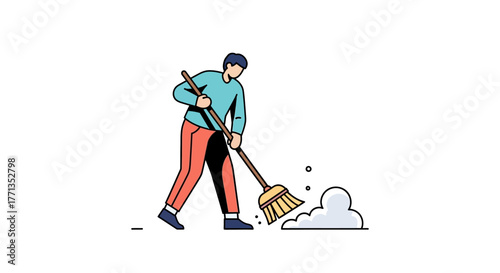 Man sweeping dust and dirt with a broom.