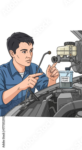 Mechanic checking brake fluid level in car engine.