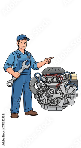 Mechanic with Car Engine and Wrench.