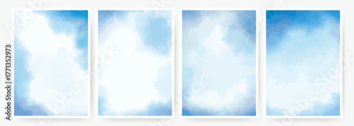 Set of soft blue watercolor backgrounds. Wet light blue overlay, template for postcards, invitations, advertisements, flyers, booklets. Collection of snowy winter or sky blue sheets, vector graphic