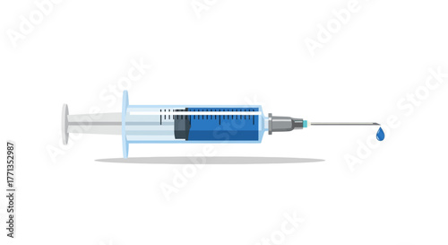 Medical Syringe with Blue Liquid and Droplet.