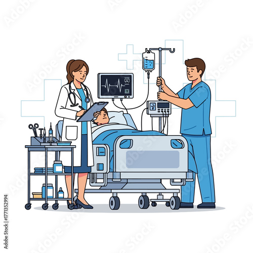 Medical Team Caring for Patient in Hospital Room.