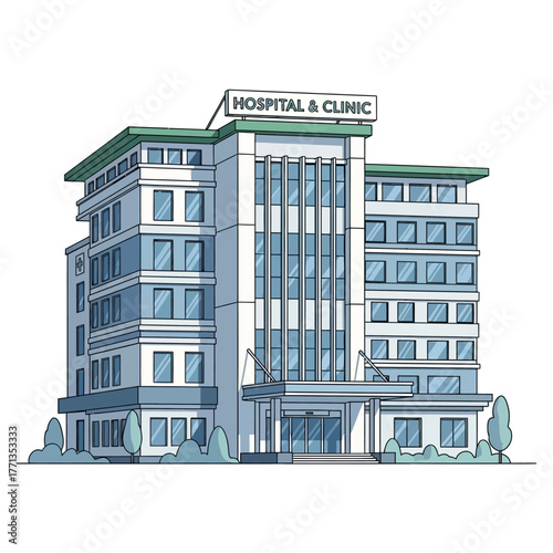 Modern Hospital and Clinic Building Exterior.