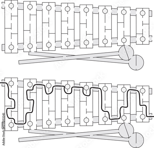 Xylophone maze for kids with a solution in black and white