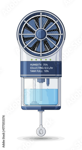 Modern Portable Dehumidifier with Water Collection Tank and Fan.