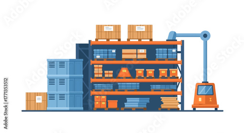 Modern Warehouse Interior with Forklift and Shelving Units.