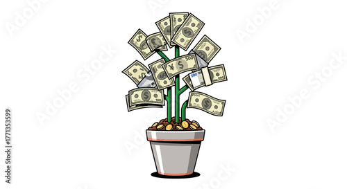 Money Tree Growing Cash in Pot.