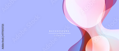 Abstract shapes overlap, creating soft gradients. Lavender backdrop complements pink, blue hues. Minimalist design feels modern, clean.