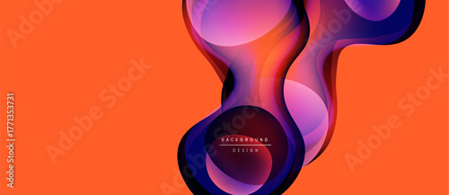 Abstract fluid shapes overlap, creating vibrant color gradients. Orange background complements purple, pink hues. Modern design element.