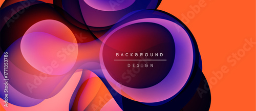 Abstract fluid shapes overlap, creating vibrant color gradients. Orange, purple, red hues dominate composition. Modern design element.