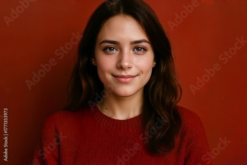 Warm studio portrait of smiling woman wearing red sweater on red background, cozy holiday mood and natural soft lighting