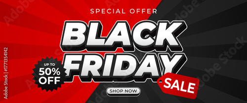 Black Friday sale banner, Abstract red and black comic sunburst background, up to 50% off, modern text effect vector for sales promotion, e-commerce, marketing ads, events and websites