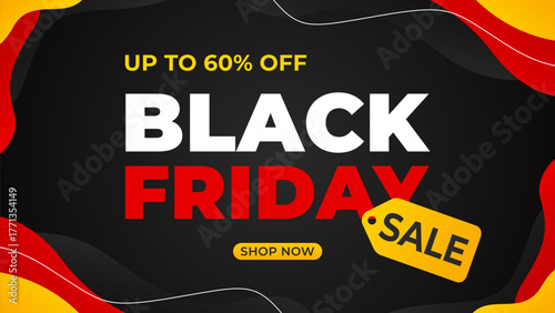 Black Friday sale banner template, Abstract black, red and yellow wave background, modern wallpaper design for sales promotion, e-commerce, marketing ads, events, websites, and more