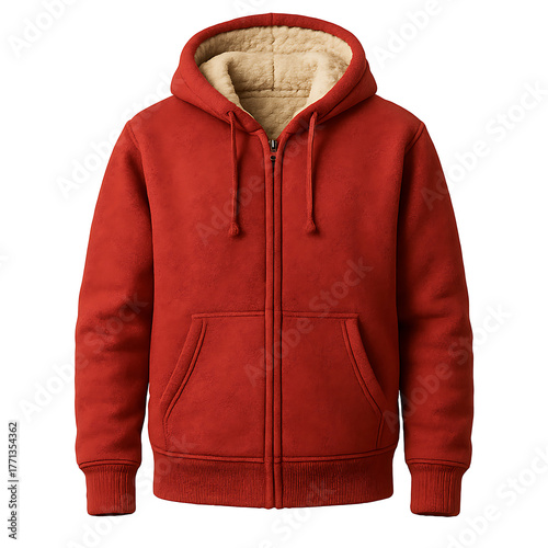 Red fleece lined winter hoodie isolated on transparent background