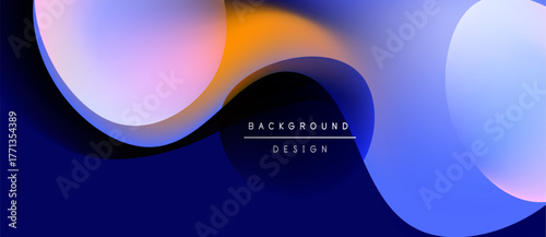 Abstract fluid shapes overlap, creating vibrant color gradients. Dark background emphasizes bright blues, oranges, purples. Modern design element.