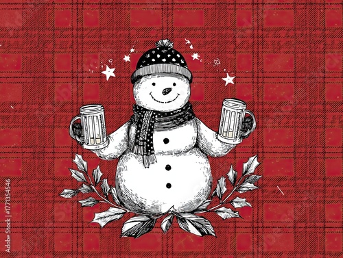 Whimsical vintage illustration of a snowman holding two mugs of hot cocoa against a plaid background, featuring charming red and white colors, perfect for cozy holiday themes.