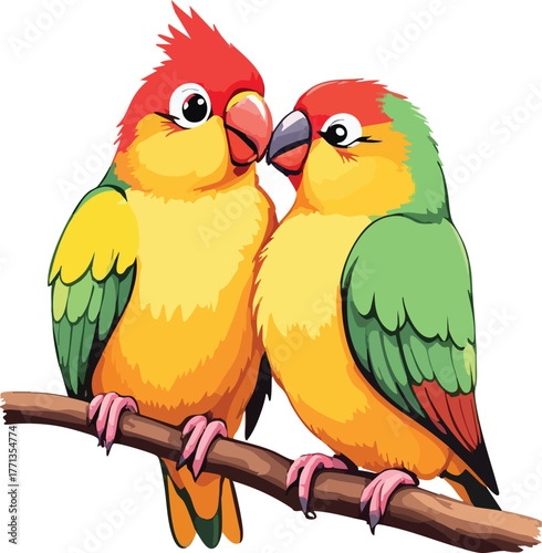 Two colorful parrots perched together on branch with vibrant plumage isolated on white background for vector design
