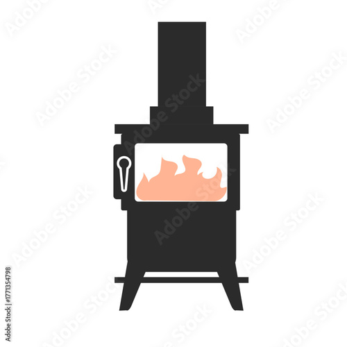 鋳物製の薪ストーブを描いたベクターイラストで重厚感と温かみを感じる冬のデザイン素材｜レトロなインテリアやアウトドアシーンに使いやすい暖房器具のイラスト