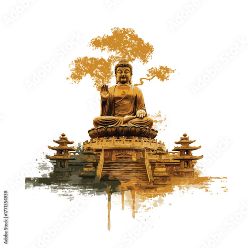 Hue Buddha Shrine Vector Painting Art Illustration Isolated on White Background