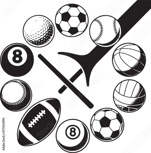 Collection of Sports Balls and Equipment Vector Illustration