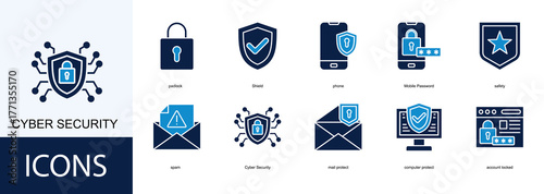 Cyber Security icon collection set. Containing padlock, Shield, phone, Mobile Password, safety icon.
