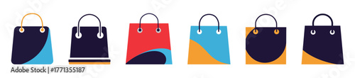 Shopping bag icons set with colorful shapes for e-commerce, retail, and store business design elements