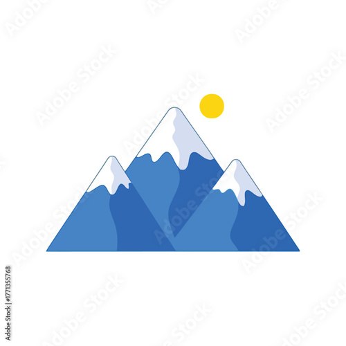 Stylized flat design snowy mountains peaks sun minimalist nature landscape illustration vector