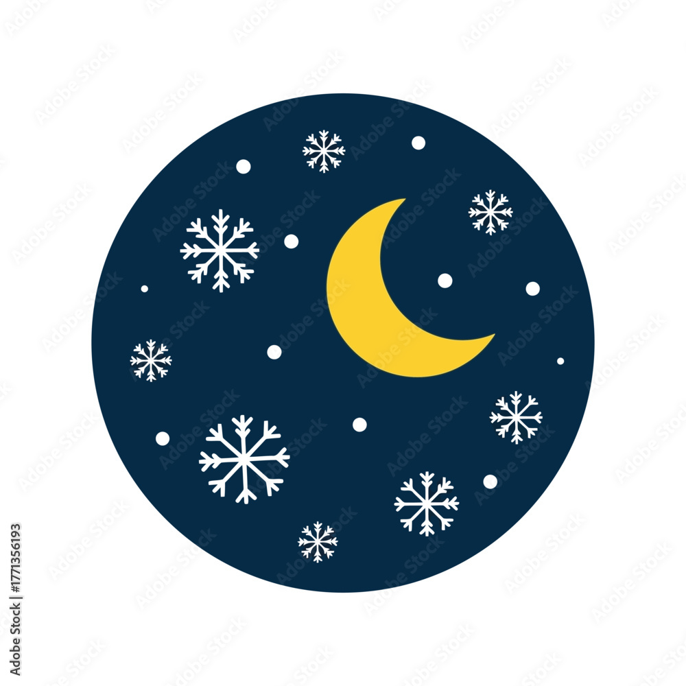 Naklejka premium Whimsical crescent moon with snowflakes on dark night sky illustration vector