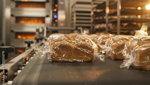 Bread production line fresh baked loafs on conveyor belt in bakery factory food processing industry