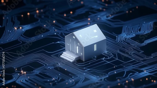 Smart House Model On Digital Circuit Board. Glowing Blue Network Connections. Futuristic Technology Concept