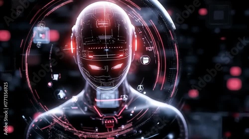 Futuristic Red And Black Android Head With Digital HUD Interface. Sci Fi Artificial Intelligence Concept