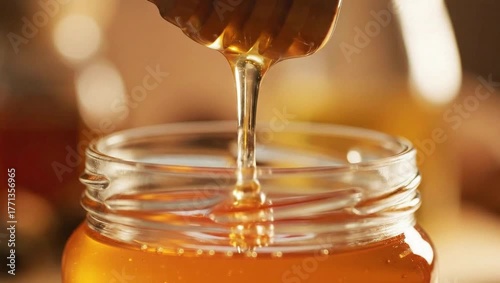 Delicious honey dripping from wooden dipper into glass jar close up macro shot food photography