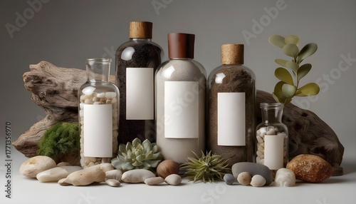 A warm, natural still-life featuring glass jars and a square glass vase filled with sand and a succulent