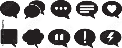 Speech bubble, coins, growth chart, moneybag, and piggy bank icon set in bold silhouette.