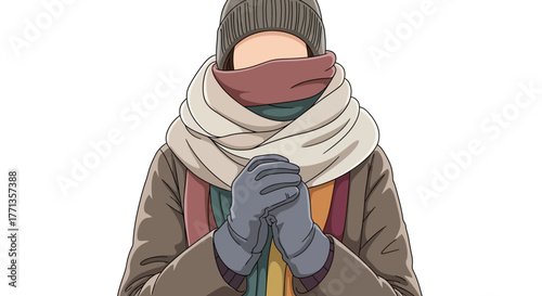 Person bundled up in winter clothing to stay warm.