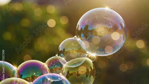 Soap bubbles macro photography close up iridescent light bokeh background nature summer fun party