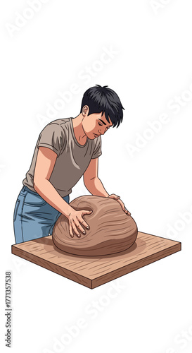 Person sculpting a large lump of clay on a wooden board.