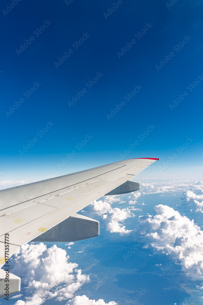 Fototapeta premium View from the airplane window at a beautiful cloudy sky and the airplane wing