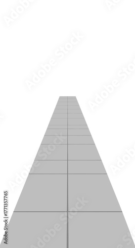Perspective view of a gray tiled pathway receding into the distance against a white background.