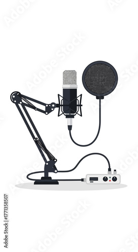 Professional Podcast Microphone Setup with Boom Arm and Audio Interface.