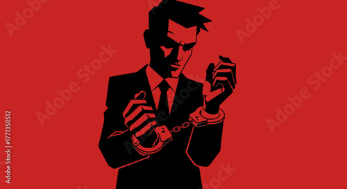 A stark two-tone graphic illustration of a businessman in handcuffs, symbolizing white-collar crime, arrest, and corporate accountability