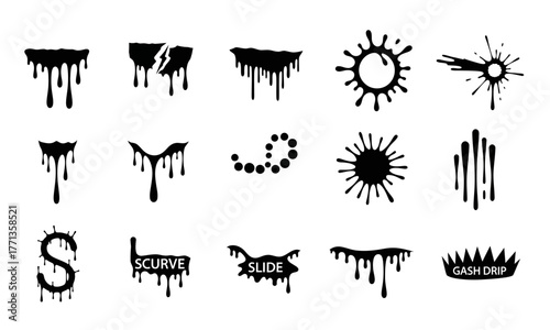 Monochrome collection of various dripping liquid shapes, ink splatters, and melting graphic elements for creative design