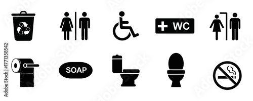 A comprehensive set of vector glyph icons representing public toilet facilities, hygiene, and accessibility standards