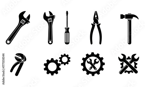A collection of black silhouette tool icons for industrial and mechanical repair services. Vector illustration set including wrench, hammer, pliers, and gears