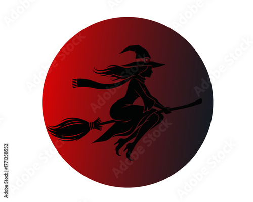 Mystical silhouette of a witch flying on a broomstick against a dramatic red and black full moon, a classic vector icon for Halloween celebrations