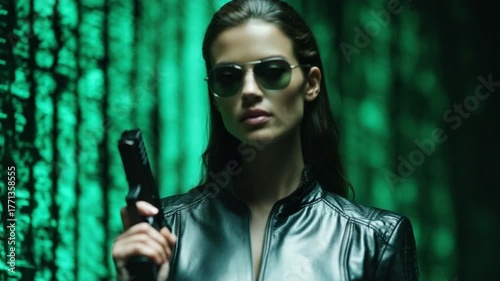 A woman in sunglasses and leather jacket holds a pistol, against a blurred green backdrop