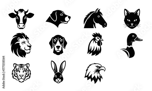 A diverse collection of stylized black and white animal head icons. This set includes farm, pet, and wild animal emblems for logos and mascots