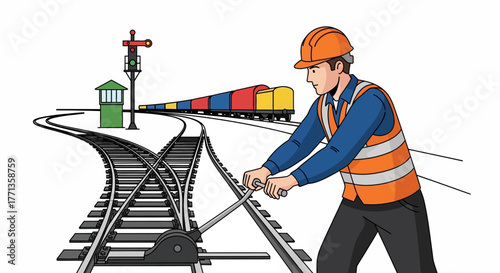 Railway worker operating a switch for a train on tracks.